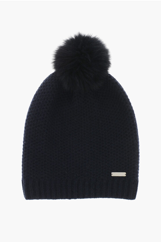 Woolrich Cashmere Beanie With Fur Pompom In Blue