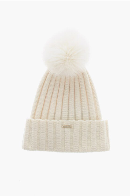 Woolrich Cashmere Blend Beanie With Fur Pompom In Neutral