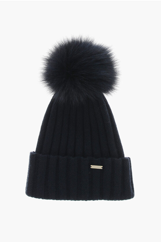 Woolrich Cashmere Blend Beanie With Fur Pompom In Black
