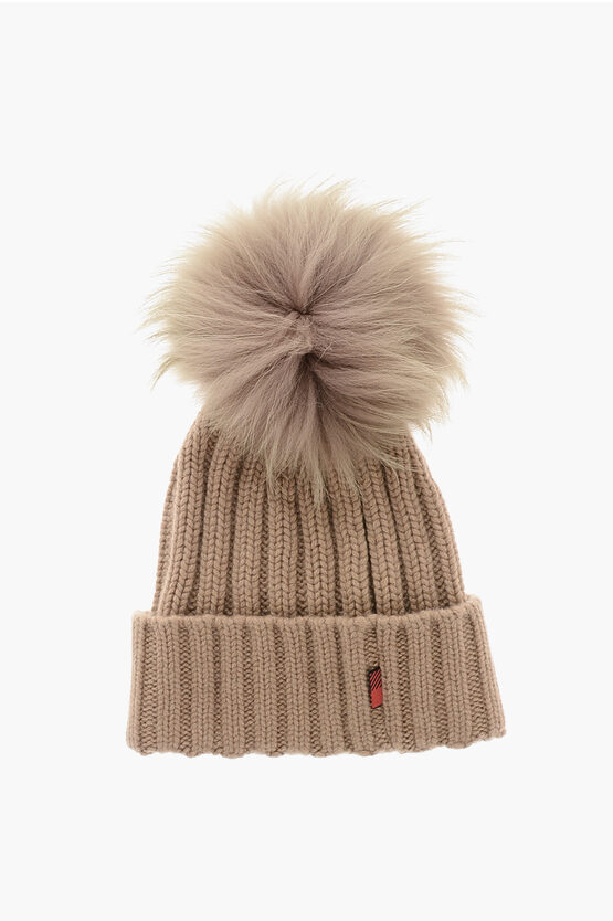Woolrich Cashmere Blend Beanie With Fur Pompom In Brown