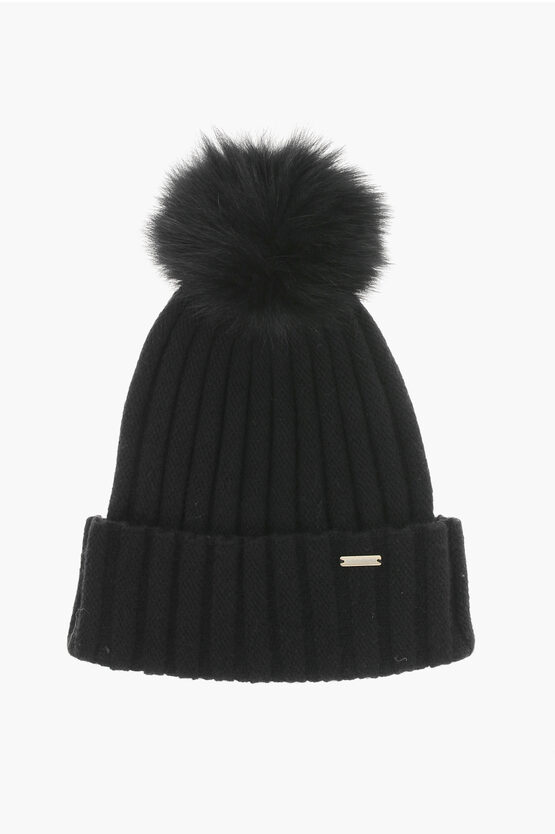 Woolrich Cashmere Blend Beanie With Fur Pompom In Black