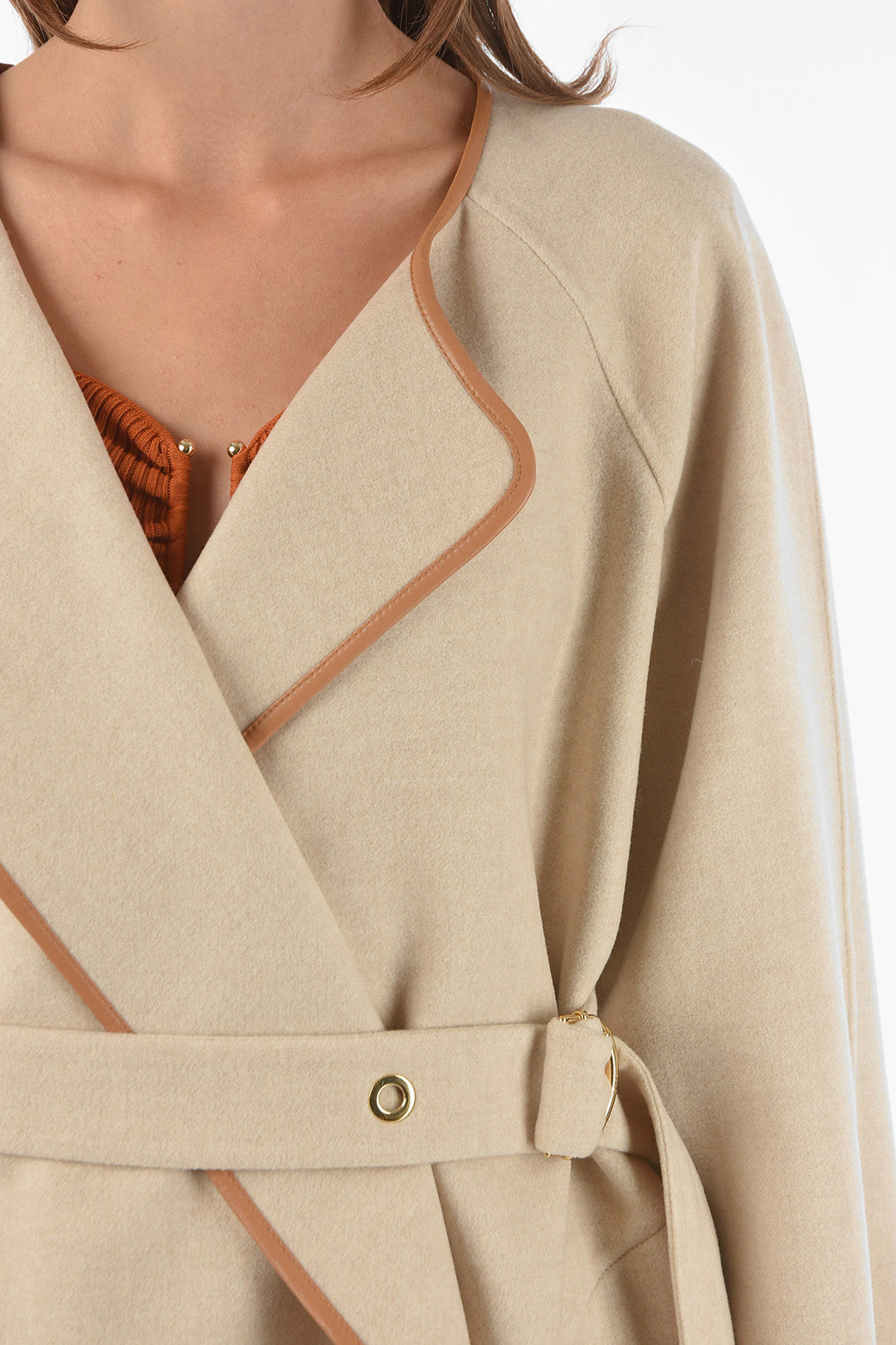 Chloe Cashmere Blend Belted Coat with Contrasting Leather