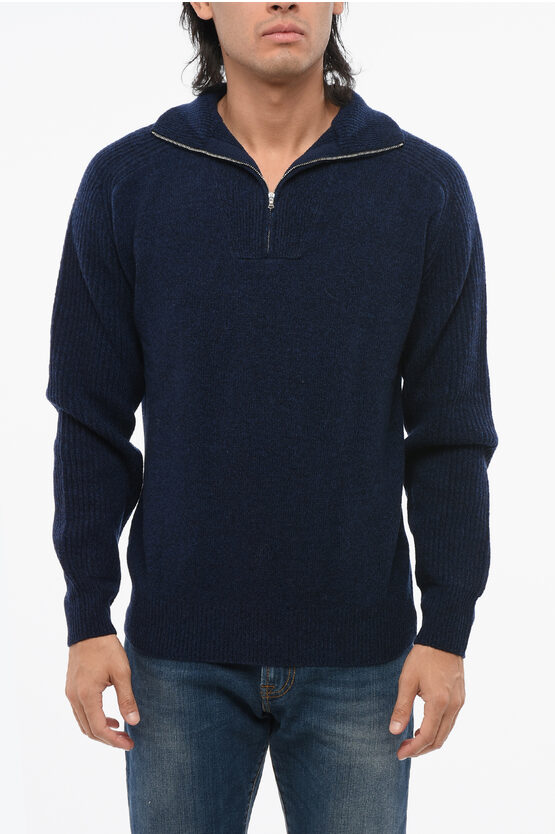 Altea Cashmere Blend Mock Neck Sweater With Half Zip In Blue