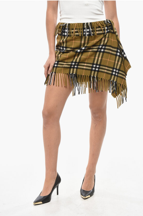 Burberry Cashmere Blend Scarf Miniskirt With Tartan Motif And Fringes In Brown