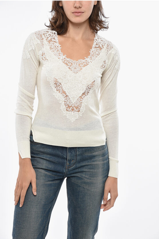 Ermanno Scervino Cashmere Blend Sweater With Lace Embellishment In White