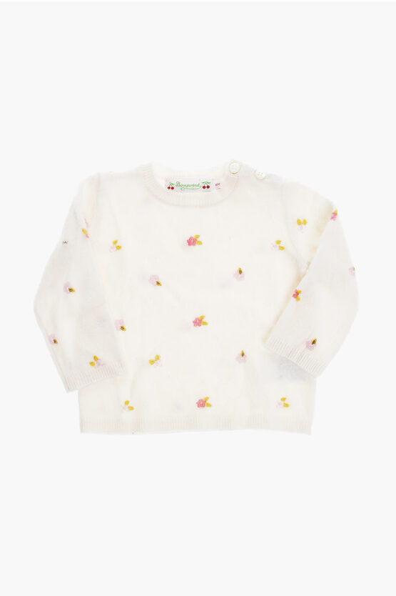 Bonpoint Cashmere Crew-neck Sweater With Floral Print In White