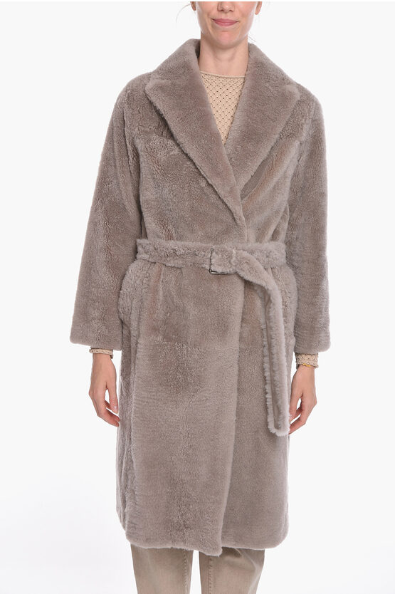 Brunello Cucinelli Cashmere Goat Fur Double-breasted Coat With Belt In Grey