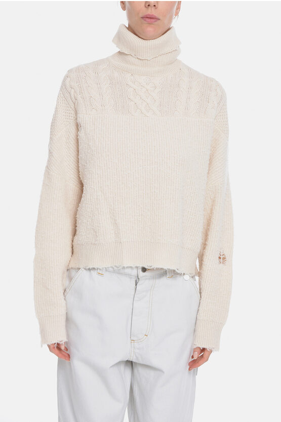 Amiri Cashmere Hybrid Turtleneck Sweater With Distressed Details In Neutral