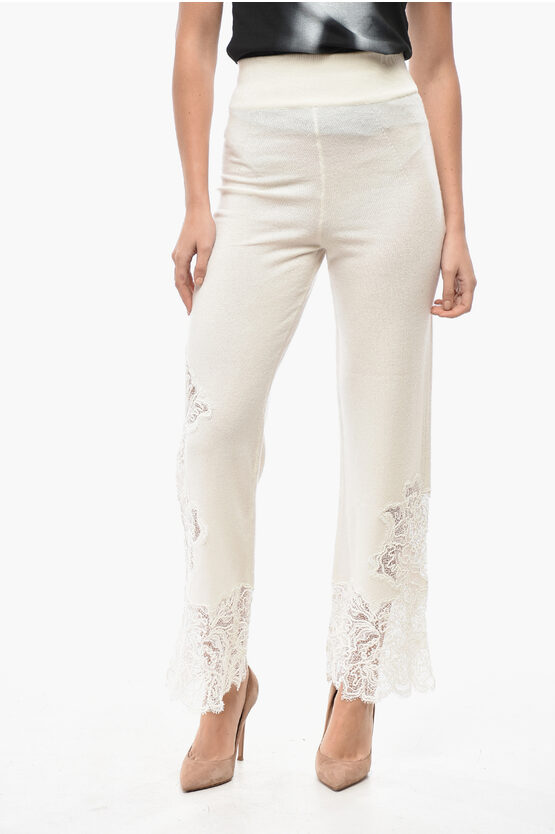 Ermanno Scervino Cashmere Palazzo Pants With Lace Bottom In White