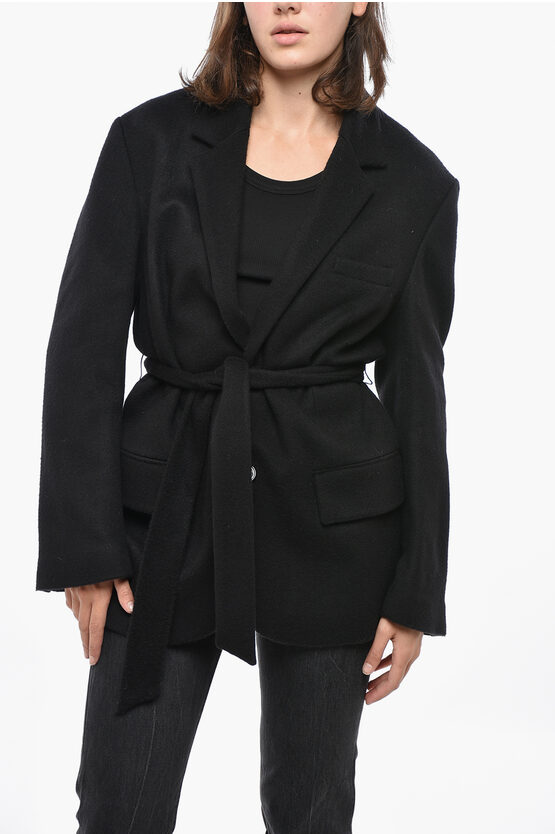 Super Blond Cashmere Short Coat With Belt In Black