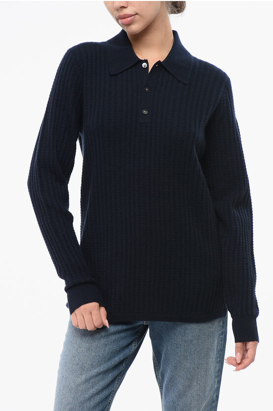 Guest In Residence Cashmere Theo Waffle Sweater With Polo Neck In Blue