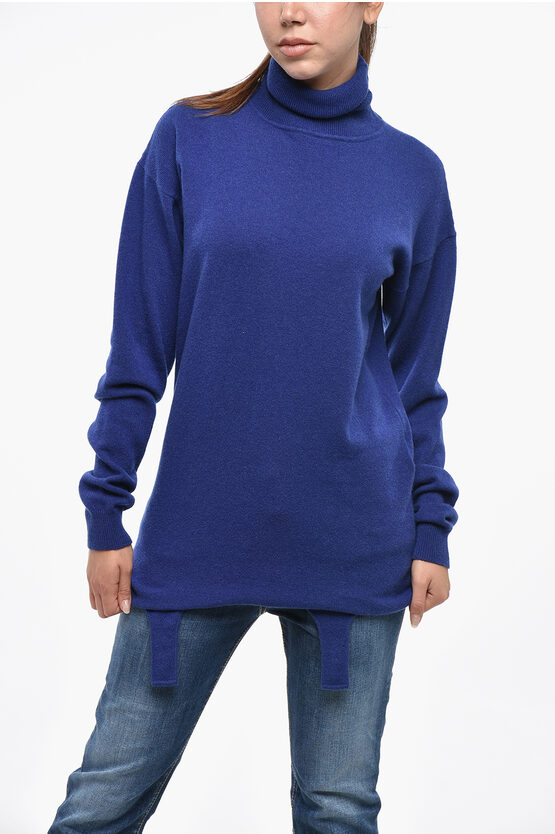 Saint Laurent Cashmere Turtleneck Sweater With Garter Strap In Blue