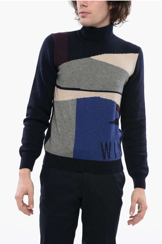 Corneliani Cashmere Turtleneck Sweater With Multicolored Brand In Black