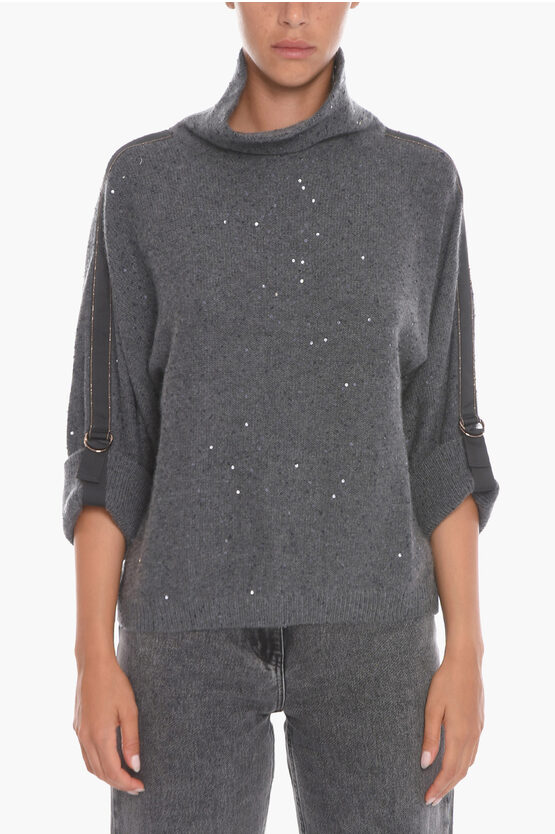 Brunello Cucinelli Cashmere Turtleneck Sweather With Sequins In Gray