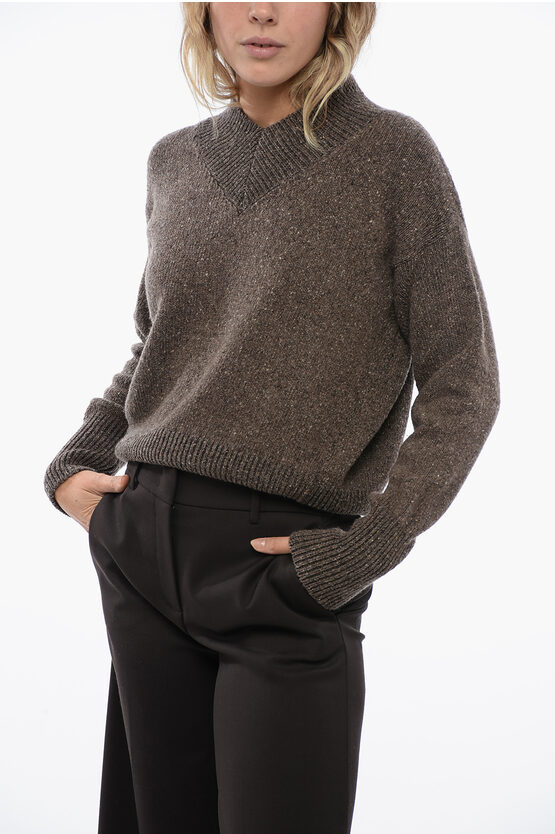 Gentryportofino Cashmere Tweed Pullover With V Neck In Brown