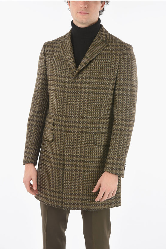 Corneliani Cc Collection 3 Pocket Houndstooth Wool And Cashmere Coat In Green