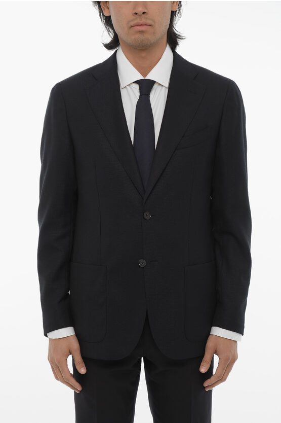 Corneliani Cc Collection Bird's Eye Wool Blazer With Flush Pockets In Black