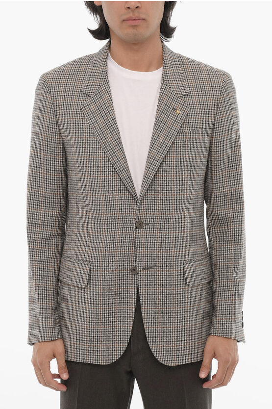 Corneliani Cc Collection Check Virgin Wool And Silk 2-button Blazer Wit In Gray