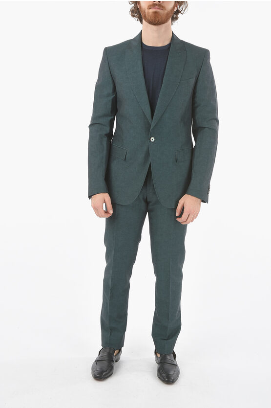 Corneliani Cc Collection Cotton And Flax Reset Peak Lapel 1-button Suit In Green