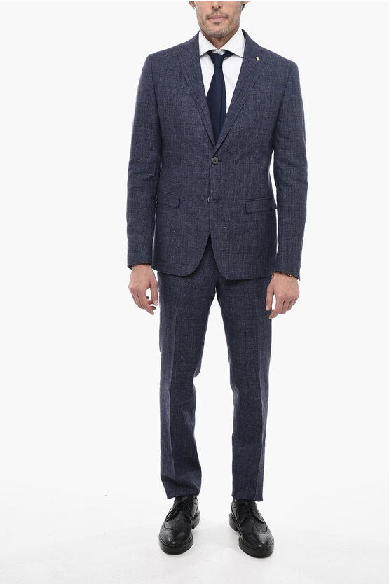 Corneliani Cc Collection District Check Reset Flax Blend Suit In Blue