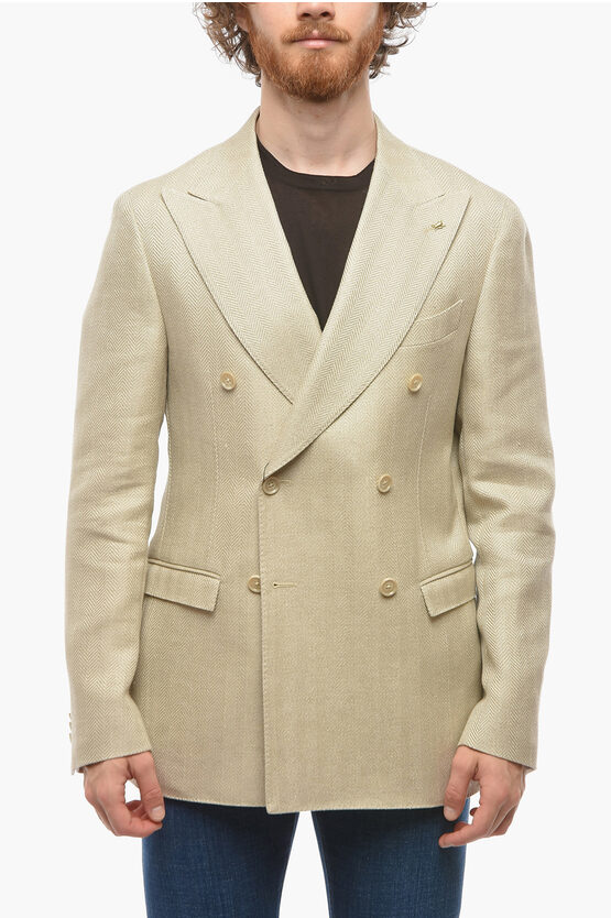 Corneliani Cc Collection Double-breasted Reward Linen Blend Blazer With In Neutral