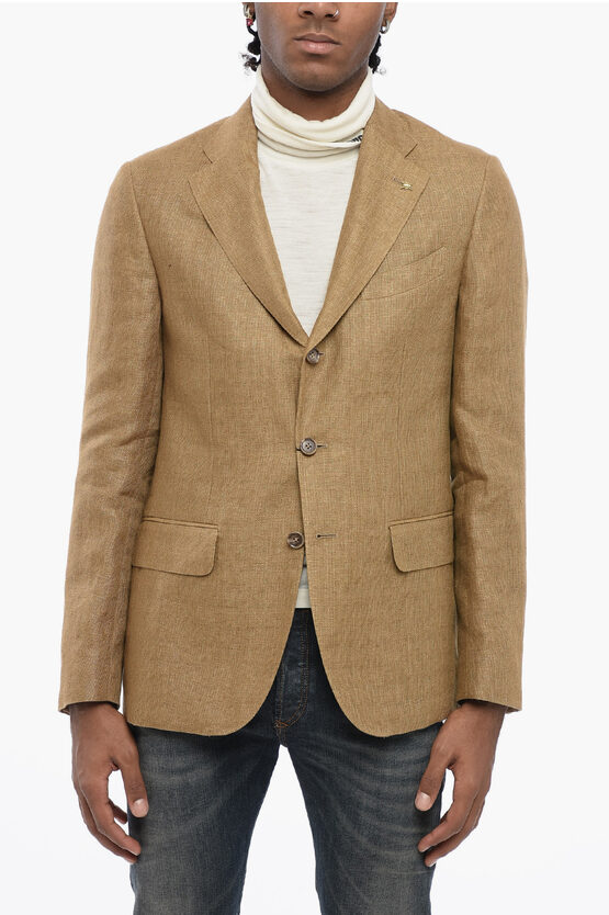 Shop Corneliani Cc Collection Half-lined Linen Blazer With Flap Pockets