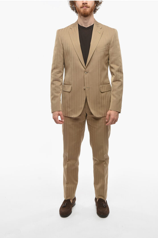 Corneliani Cc Collection Herringbone Right Cotton Suit In Brown