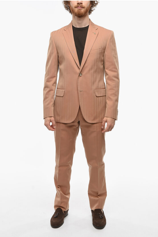 Corneliani Cc Collection Herringbone Right Suit With Flap Pockets In Pink