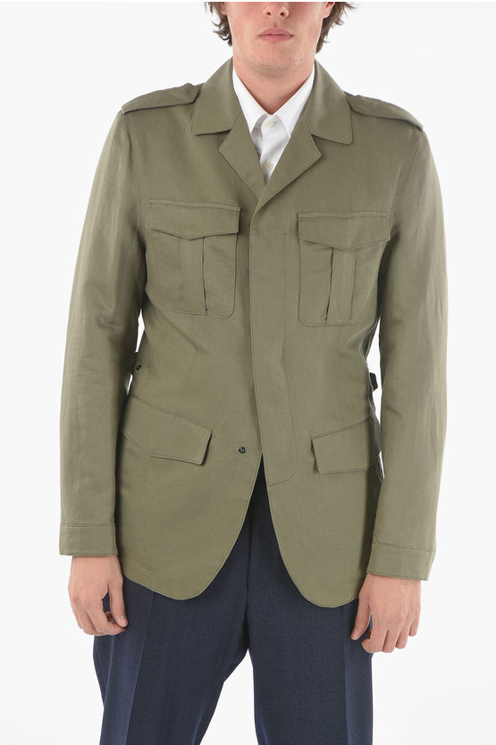 Corneliani Cc Collection Hidden Closure Flax And Cotton Utility Jacket In Green