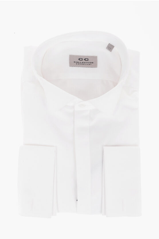 Corneliani Cc Collection Jacquard Cotton Shirt With Wing-tip Collar In White