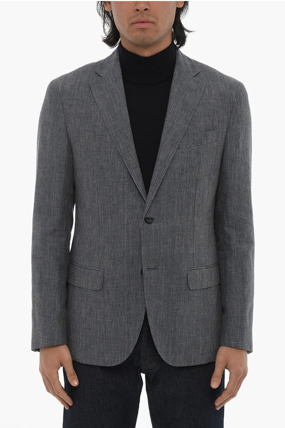 Corneliani Cc Collection Linen Blend Right Blazer With Houndstooth Patt In Gray