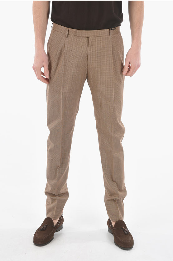 Corneliani Cc Collection Micro Checked Double-pleat Reward Pants In Brown