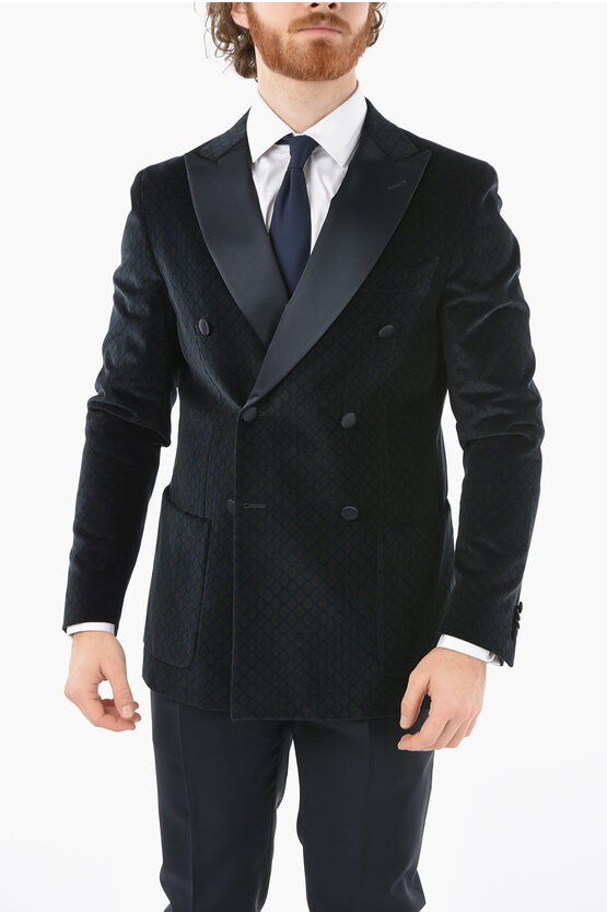 Corneliani Cc Collection Patterned Velour Center Vent Peak Lapel Double In Blue