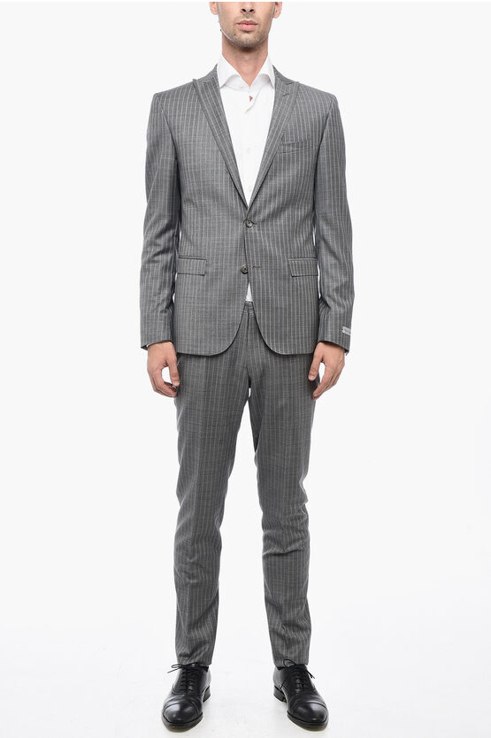 CORNELIANI CC COLLECTION PINSTRIPED WOOL SUIT WITH FLAP POCKETS 