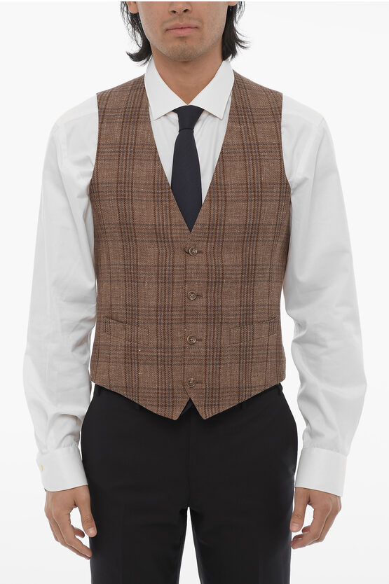Corneliani Cc Collection Plaid Check Flax Blend Vest In Brown