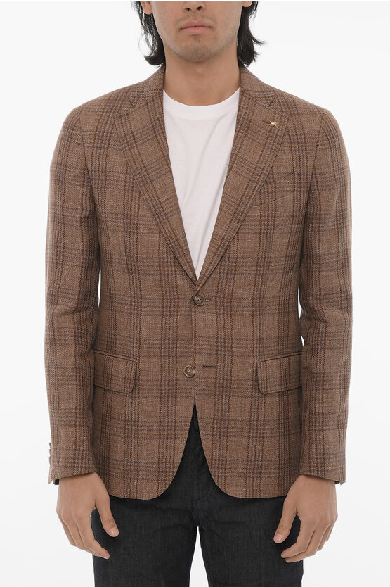 Corneliani Cc Collection Plaid Motif 2-button Blazer With Flap Pockets In Brown