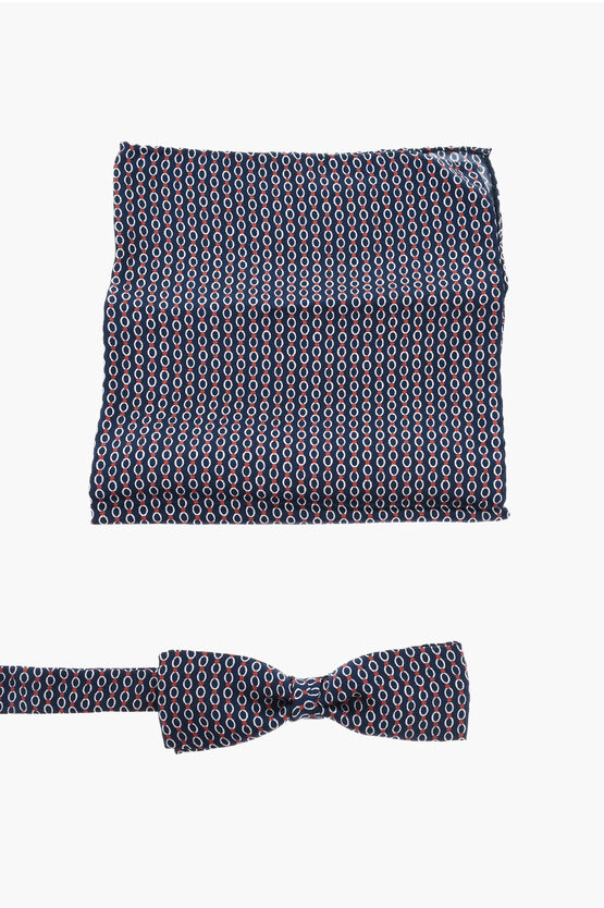 Corneliani Cc Collection Silk Pocket Square With Bow Tie In Blue