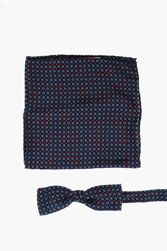 Corneliani Cc Collection Silk Pocket Square With Bow Tie In Black