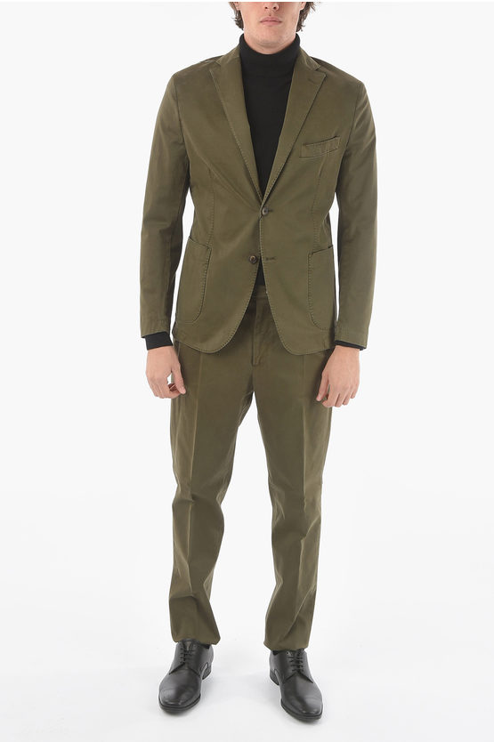 Corneliani Cc Collection Stretch Cotton Side Vents Notch Lapel 2-button In Green