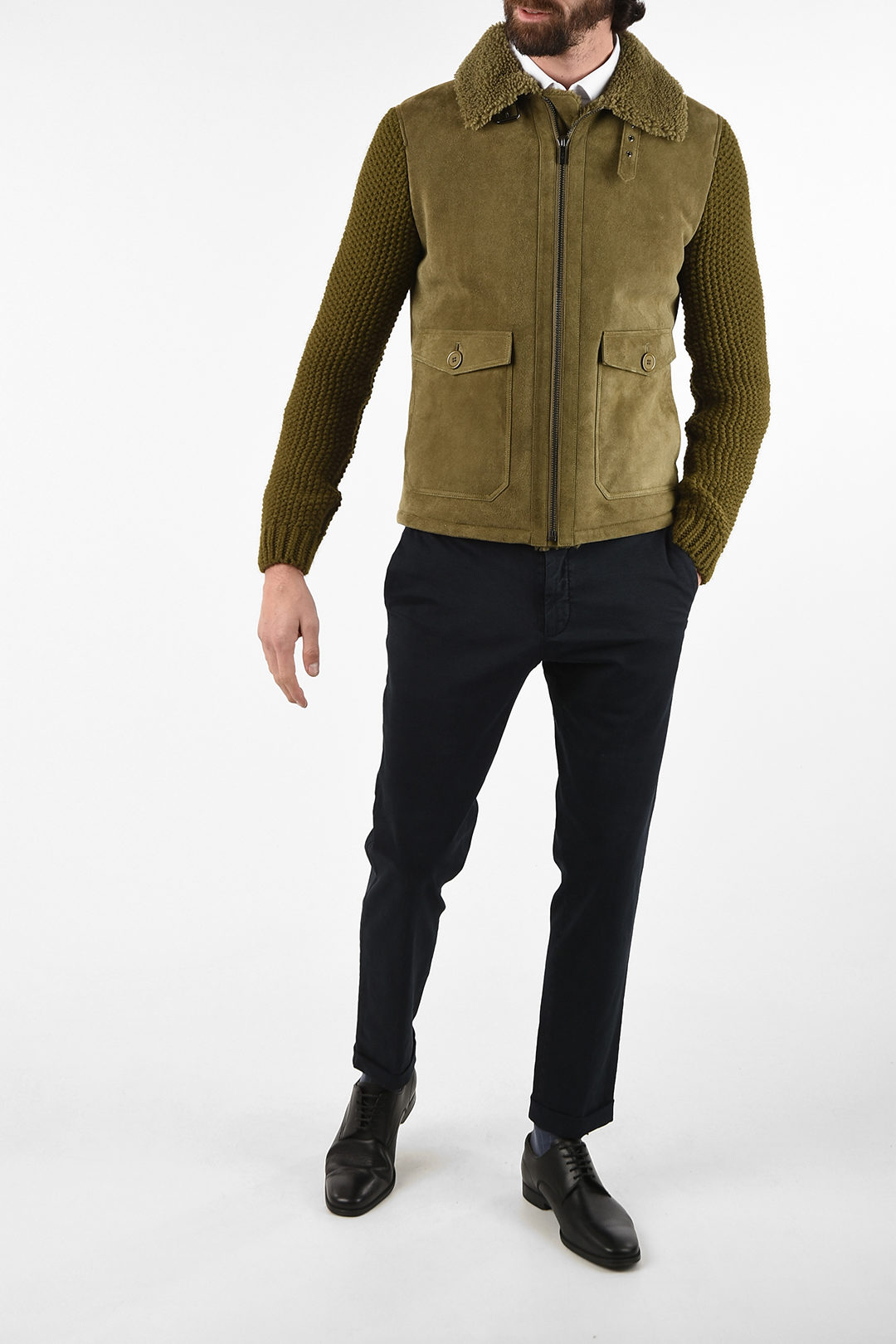 Corneliani CC COLLECTION Suede Leather MERINO jacket with Knit Sleeve men Glamood Outlet
