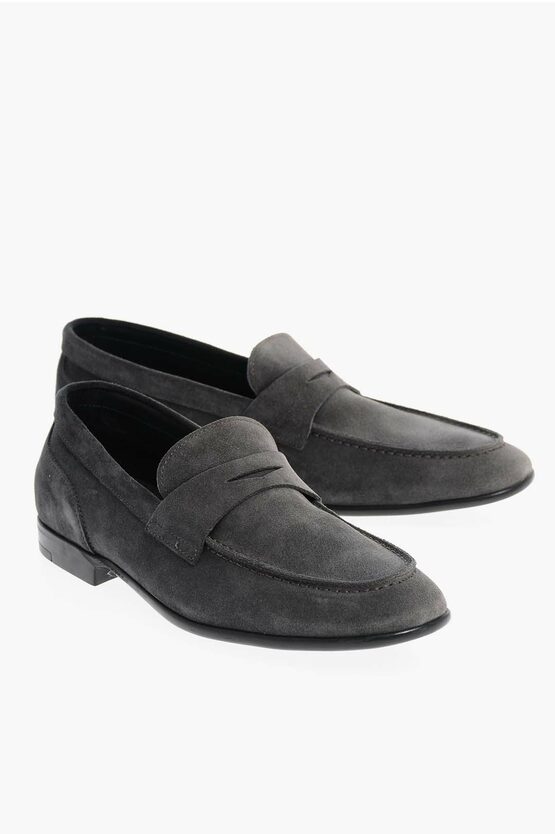 Corneliani Cc Collection Suede Penny Loafers With Rubber Sole In Black