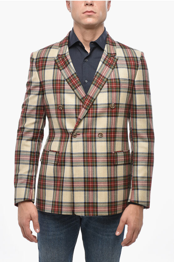 Corneliani Cc Collection Tartan Motif Virgin Wool Double-breasted Blaze In Brown