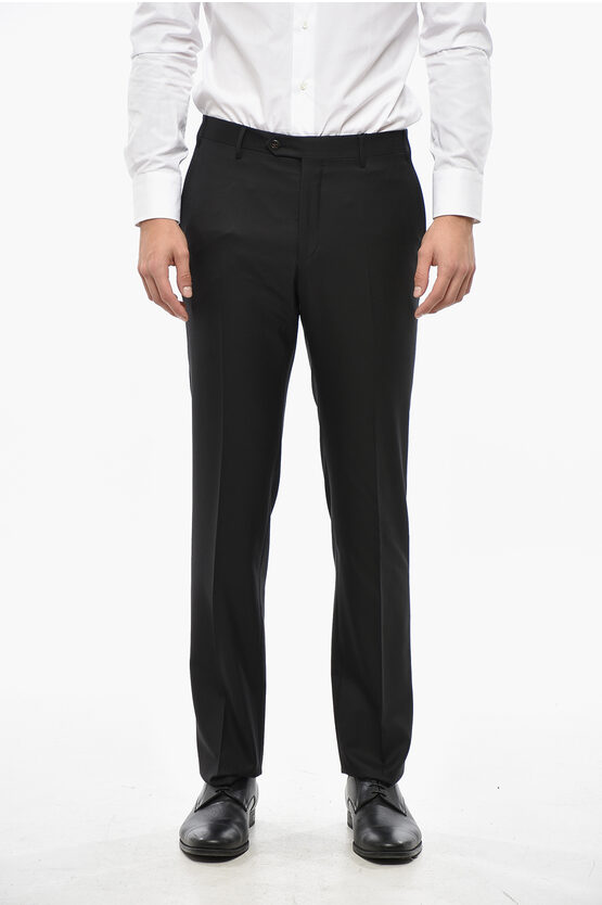 Corneliani Cc Collection Wool Pants With Belt Loops And Scalloped Hem In Black