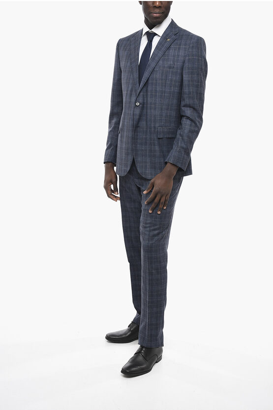 Corneliani Cc Collection Wool Silk And Linen Blend Suit With Tartan Mot In Grey