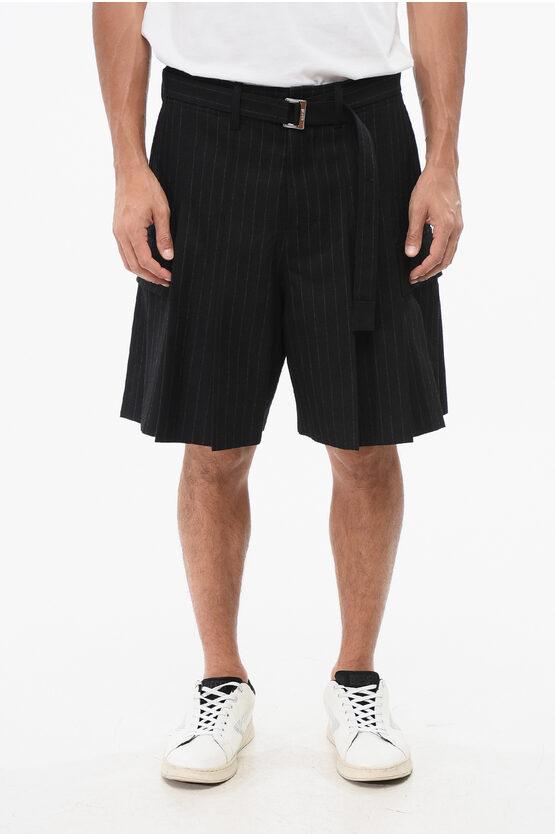 Sacai Chalk Stripe Wool Bermuda Shorts With Belt And Pleats In Black