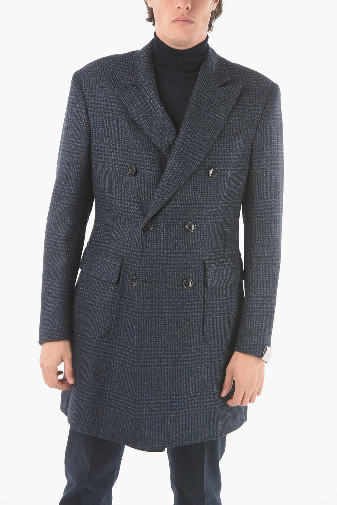 Corneliani check 3-button double breasted Chesterfield coat men