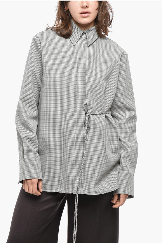 Jil Sander Check Wool Shirt With Lace-up Detail In Gray