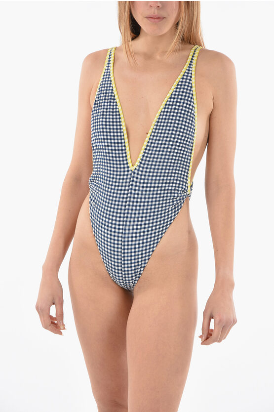 Diesel Checked Bfsw-tessah One Piece Swimsuit With Deep V-neck In Blue