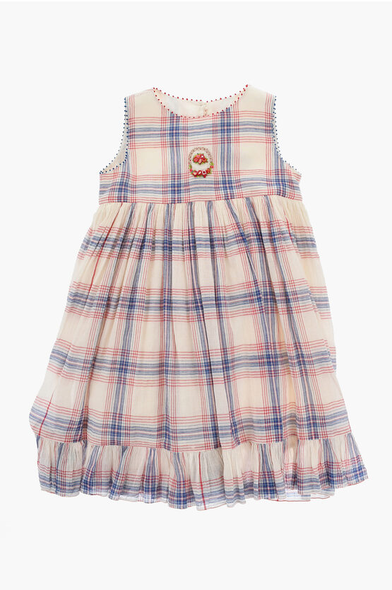 Péro Checked Cotton And Silk Flared Dress With Front Embroidery A