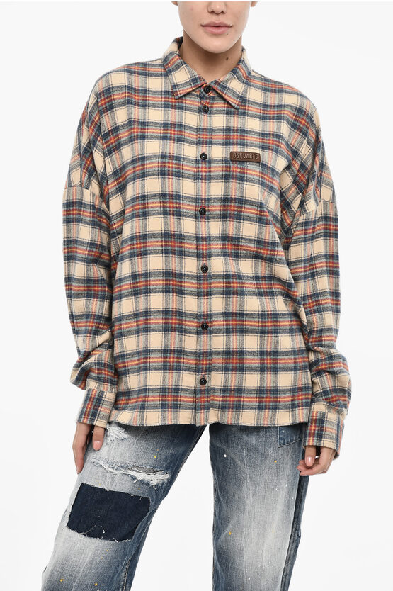 Dsquared2 Checked Cotton Overshirt With Leather Logo